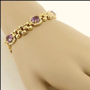 Captivating 18K Yellow Gld Ovr Solid Sterling Silver Diamond & Amethyst Bracelet